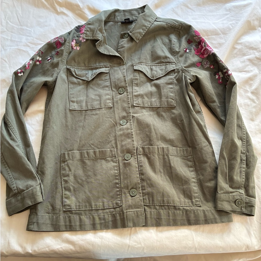 a.n.a Floral Embroidered Utility Jacket - Olive